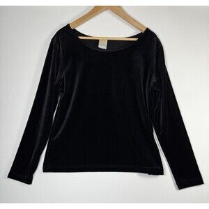 Vivola Velvet Top Womens Large Black Long Sleeve Knit Velour USA Made Plush‎
